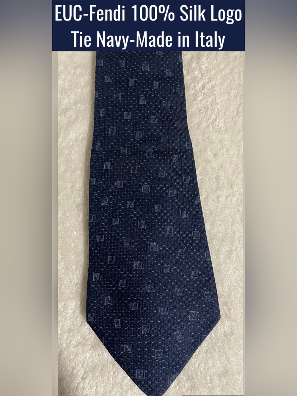 EUC-Fendi 100% Silk Logo Tie in Navy-Made in Italy